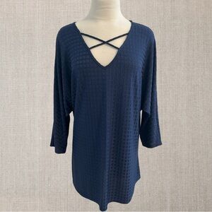 Nygard Textured Navy V-Neck Crisscross Top